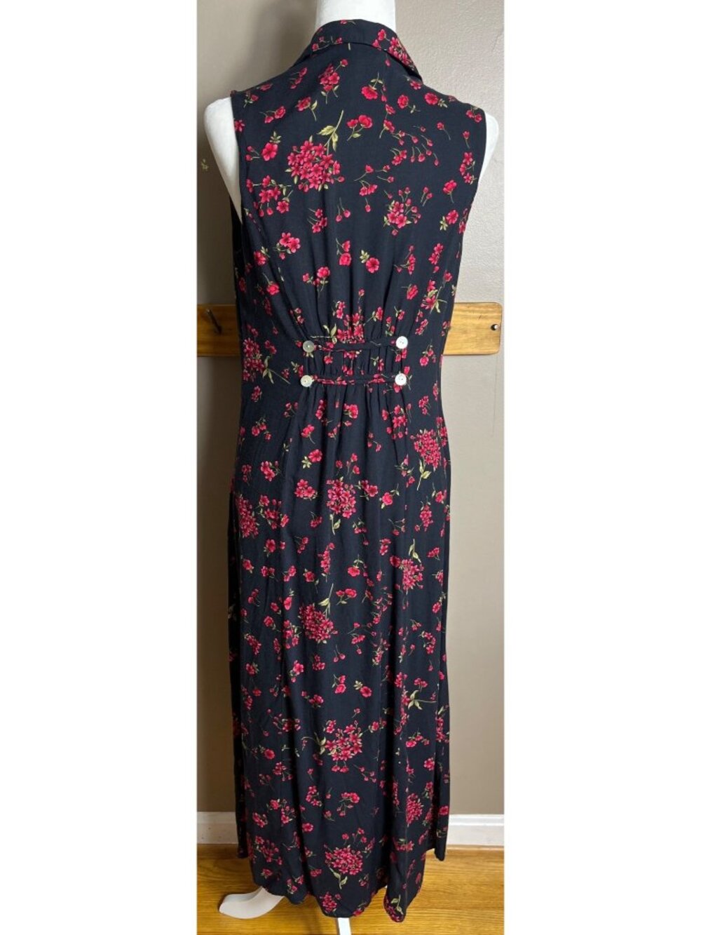 Vtg 90s Floral Midi Dress Black Red A-line Button Grunge Whimsigoth Jumper Wom M - Picture 3 of 9